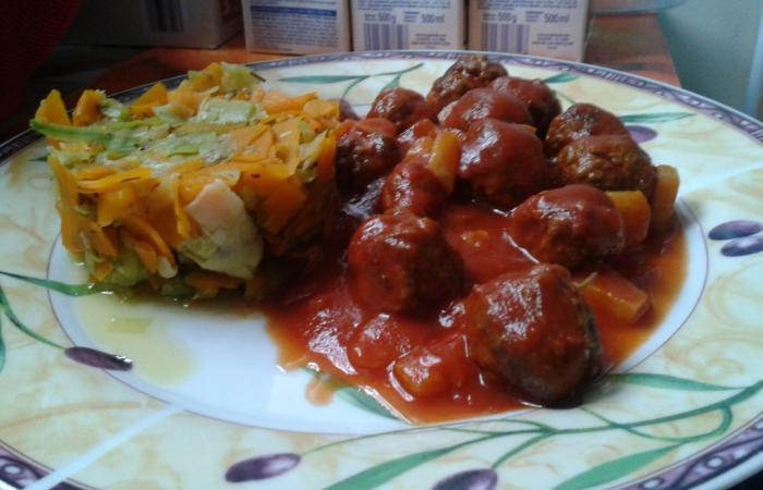 Rgime Dukan (recette minceur) : Boulettes de viande  la sauce tomate accompagn de tagliatelles de lgumes #dukan https://www.proteinaute.com/recette-boulettes-de-viande-a-la-sauce-tomate-accompagne-de-tagliatelles-de-legumes-5430.html