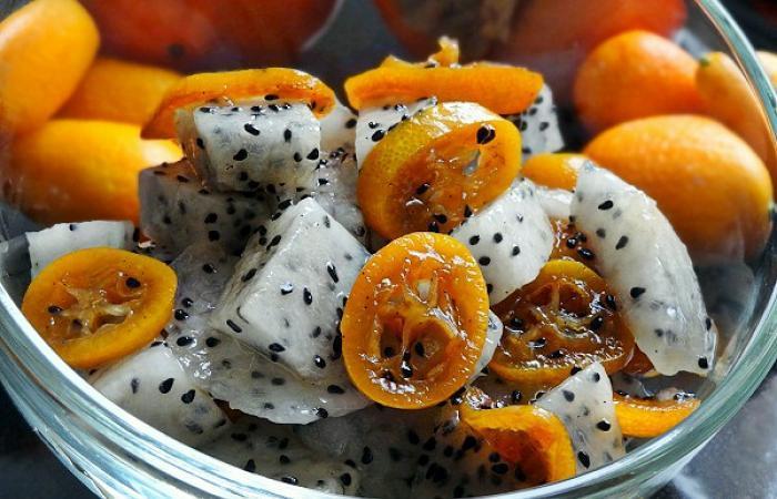 Rgime Dukan (recette minceur) : Salade exotique (pitaya et kumquats) #dukan https://www.proteinaute.com/recette-salade-exotique-pitaya-et-kumquats-10097.html