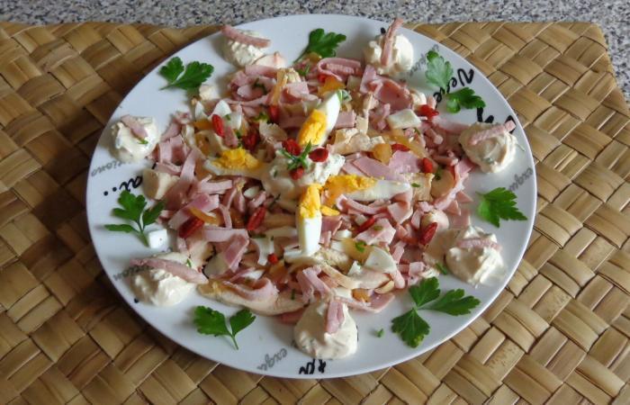 Rgime Dukan (recette minceur) : Salade au poulet /jambon sauce ciboulette #dukan https://www.proteinaute.com/recette-salade-au-poulet-jambon-sauce-ciboulette-10627.html