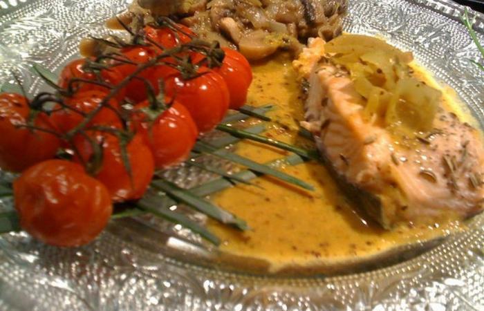 Filet de saumon curry tomates cerises pole de champignons poireaux