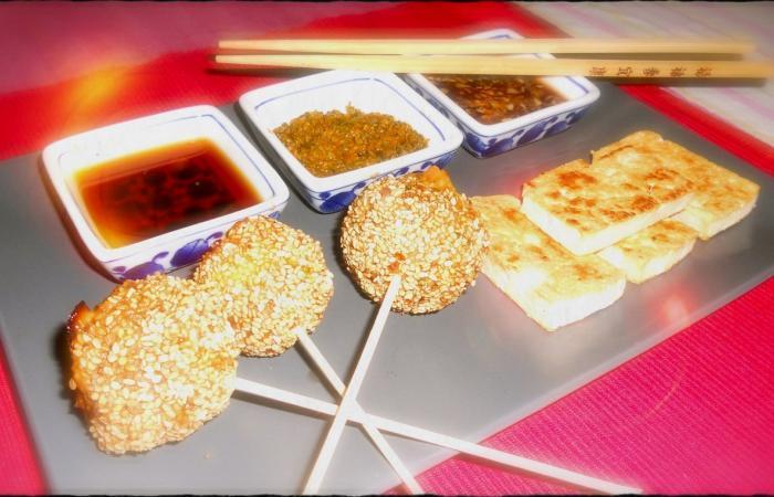 Rgime Dukan (recette minceur) : Boulettes orientales faon lollipop, trio de sauces et tofu grill #dukan https://www.proteinaute.com/recette-boulettes-orientales-facon-lollipop-trio-de-sauces-et-tofu-grille-5797.html